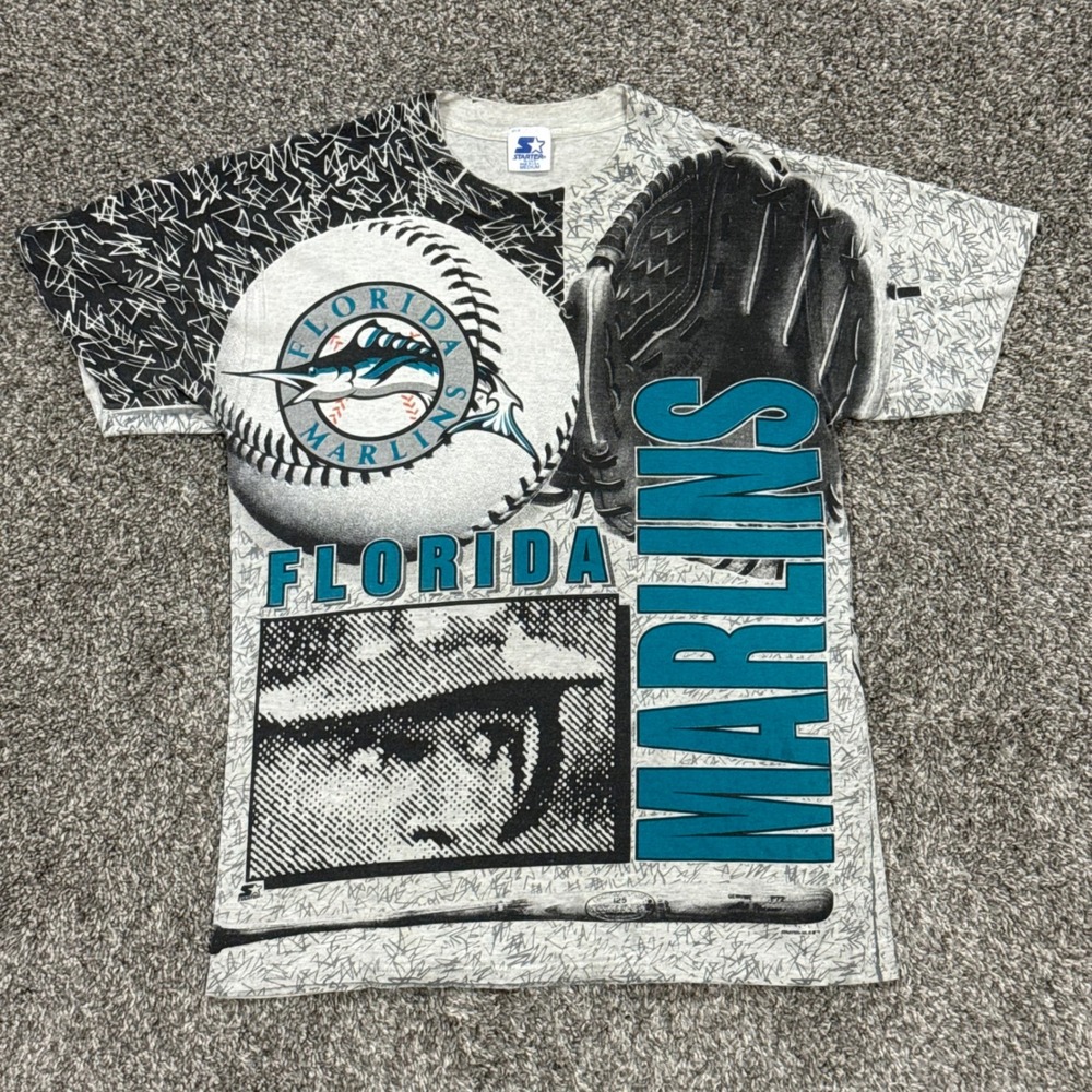 Vintage 90s Florida Marlins Starter AOP T-Shirt Mens Medium Made in USA MLB